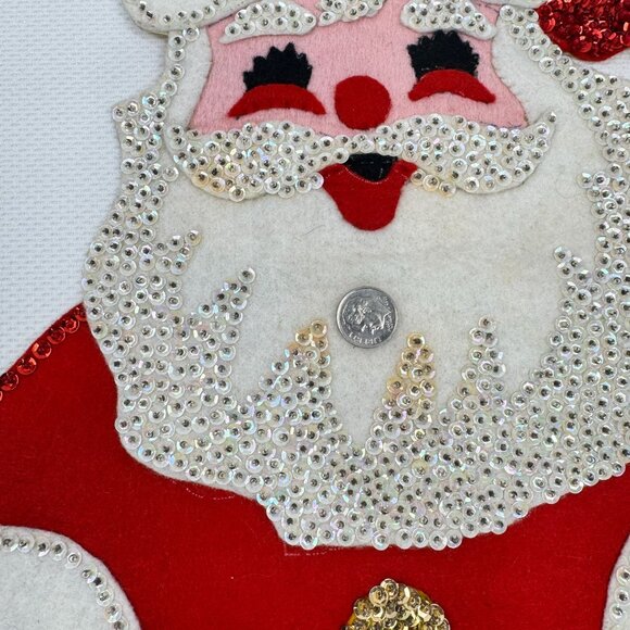 Vintage Handmade Felt Santa Wall Hanging Christmas Card Holder Sequins 23" Retro - Picture 10 of 12